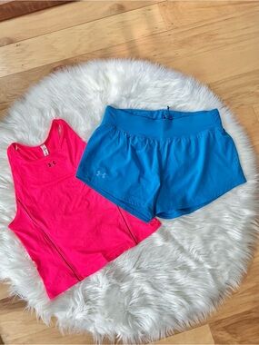 Under Armour Bundle  Hot Pink Tank with Bright Blue Athletic Shorts Size Large